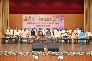 Revenue Minister Tank Ram Varma in Balodabazar Shramik Sammelan".